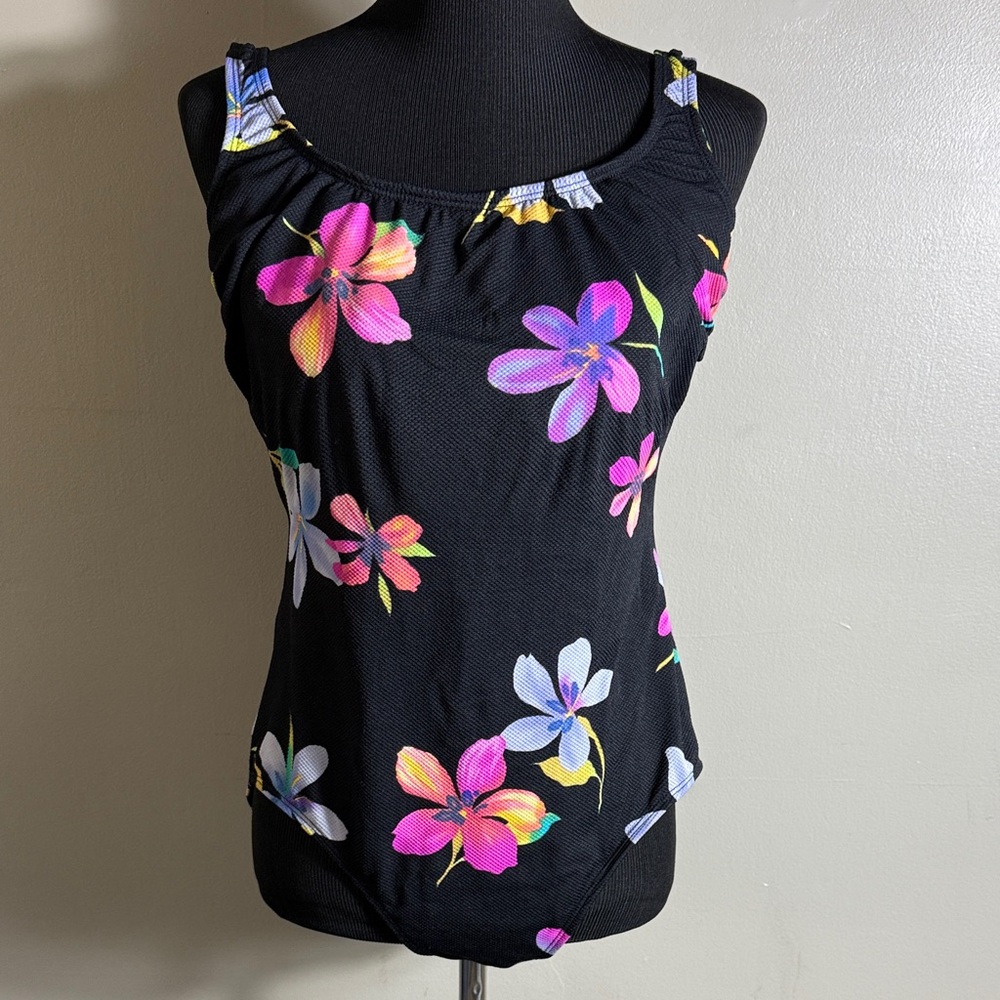 Longitude One Piece Racerback Swimsuit Black with Multicolor Flowers Sz 16